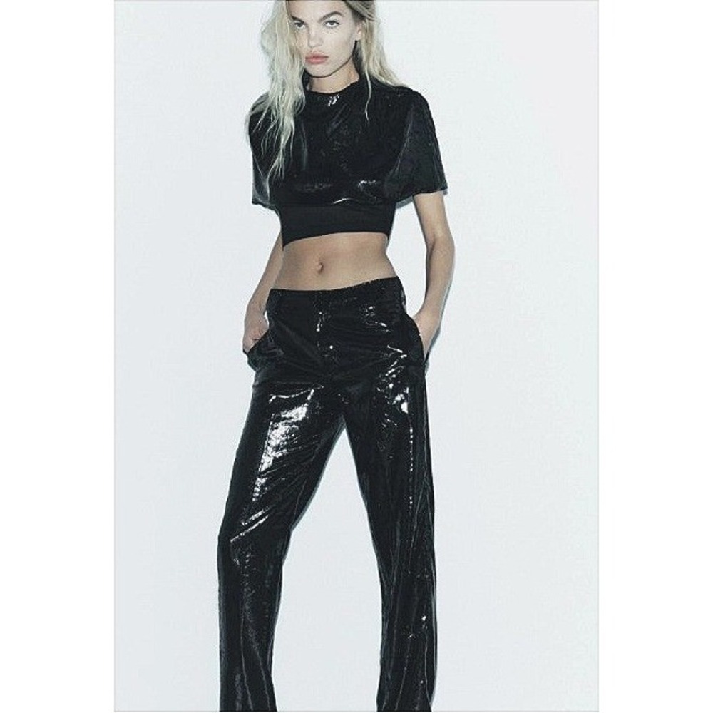 NWT Zara Laminated Shiny Pants Women Size L Black Straight Leg 4432/519/800